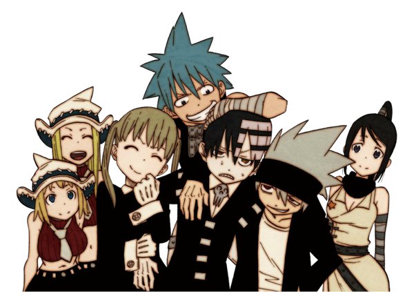 Anime picture 1429x1009 with soul eater studio bones maka albarn soul eater evans death the kid black star nakatsukasa tsubaki elizabeth thompson patricia thompson okubo atsushi long hair looking at viewer fringe short hair breasts open mouth blue eyes black hair simple background smile