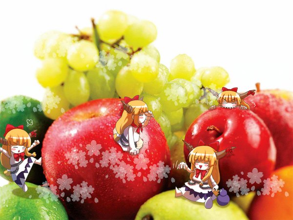 Anime picture 1066x800 with touhou ibuki suika aruru no zaki blush horn (horns) eating chibi drunk girl food fruit apple