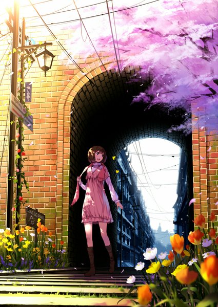Anime picture 805x1137 with original mogumo single tall image short hair open mouth blue eyes brown hair cherry blossoms walking girl dress flower (flowers) plant (plants) petals tree (trees) shoes scarf insect building (buildings)