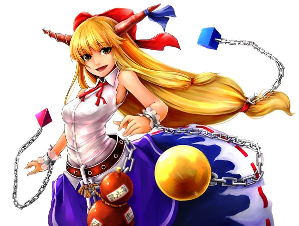Anime picture 1200x909 with touhou ibuki suika tsuan single long hair open mouth simple background blonde hair white background yellow eyes horn (horns) girl skirt bow hair bow miniskirt chain gourd