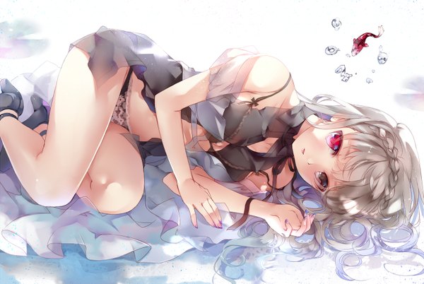 Anime picture 1500x1006 with original 041 single long hair looking at viewer light erotic red eyes lying grey hair heterochromia girl underwear panties animal fish (fishes)
