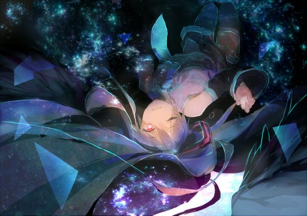 Anime picture 2676x1889 with vocaloid hatsune miku tentsuu (tentwo) single long hair looking at viewer highres smile twintails bare shoulders blue hair bent knee (knees) eyes closed pleated skirt one eye closed pink eyes wink night night sky space