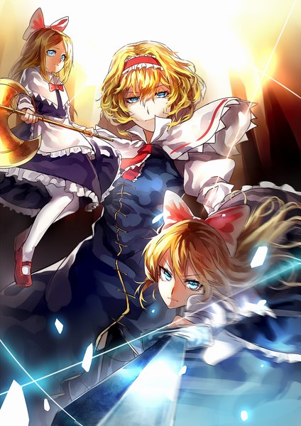 Anime picture 1000x1414 with touhou alice margatroid shanghai uu uu zan long hair tall image looking at viewer fringe short hair blue eyes blonde hair smile standing multiple girls holding fighting stance girl bow weapon hair bow
