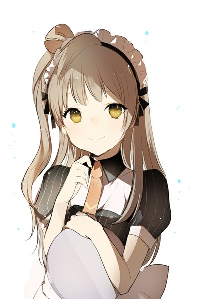 Anime picture 600x851 with love live! school idol project sunrise (studio) love live! minami kotori lpip single long hair tall image looking at viewer fringe simple background smile brown hair white background holding yellow eyes maid hair bun (hair buns) one side up girl