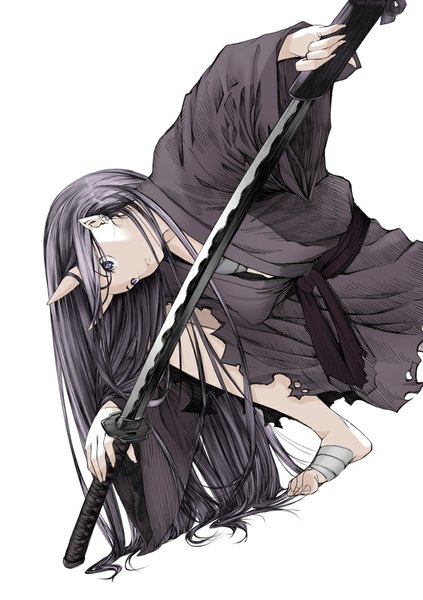 Anime picture 708x1003 with original shiro shougun single long hair tall image simple background white background purple eyes holding purple hair bent knee (knees) traditional clothes japanese clothes barefoot horn (horns) pointy ears wide sleeves torn clothes looking down oni horns