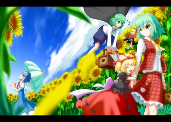 Anime picture 1890x1350 with touhou cirno kazami yuuka wriggle nightbug medicine melancholy hana (0458251551) blush highres short hair open mouth blonde hair red eyes multiple girls green eyes blue hair sky cloud (clouds) green hair girl dress