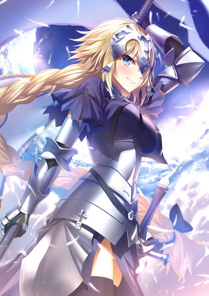 Anime picture 627x885 with fate (series) fate/grand order fate/apocrypha jeanne d'arc (fate) (all) jeanne d'arc (fate) heirou single tall image looking at viewer blush blonde hair cloud (clouds) braid (braids) very long hair girl hair ornament weapon sword armor armored dress