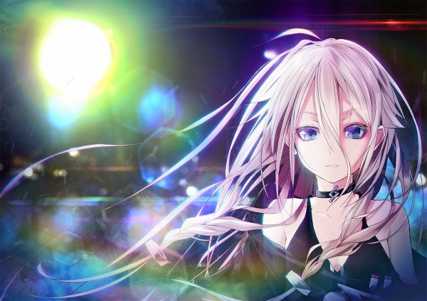 Anime picture 1200x848 with vocaloid ia (vocaloid) ajigo single long hair looking at viewer fringe blue eyes blonde hair hair between eyes bare shoulders cleavage upper body ahoge braid (braids) wind blurry night night sky twin braids