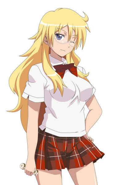 Anime picture 830x1300 with ben-tou david production shaga ayame smile (rz) single long hair tall image blue eyes simple background blonde hair white background one eye closed wink girl skirt shirt glasses