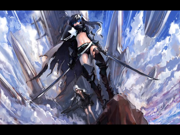 Anime picture 1600x1200 with black rock shooter black rock shooter (character) blueman blue eyes black hair multiple girls sky cloud (clouds) white hair midriff glowing letterboxed glowing eye (eyes) girl thighhighs 2 girls sword shorts armor katana