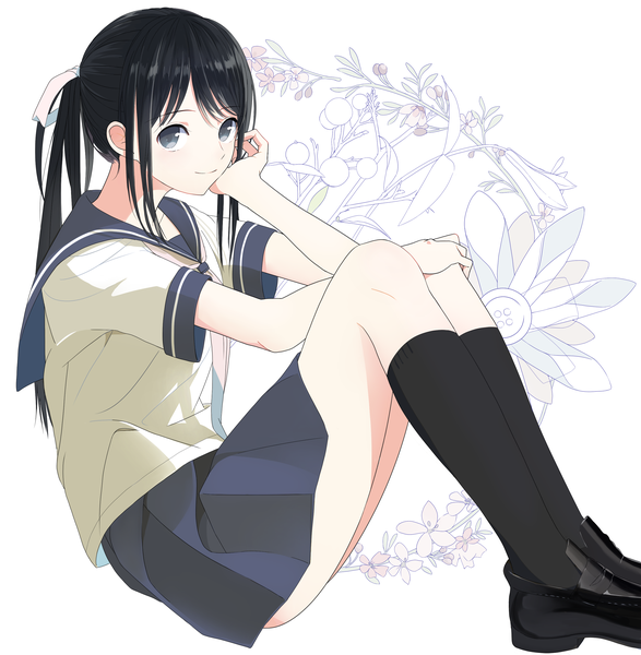Anime picture 2832x2897 with original aspara single long hair tall image looking at viewer fringe highres black hair simple background smile white background sitting payot ponytail black eyes head rest floral background girl uniform