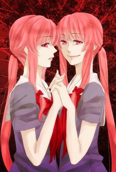 Anime picture 1181x1748 with mirai nikki gasai yuno long hair tall image looking at viewer smile red eyes twintails multiple girls pink hair holding hands dual persona sad crazy smile girl uniform bow 2 girls hair bow school uniform