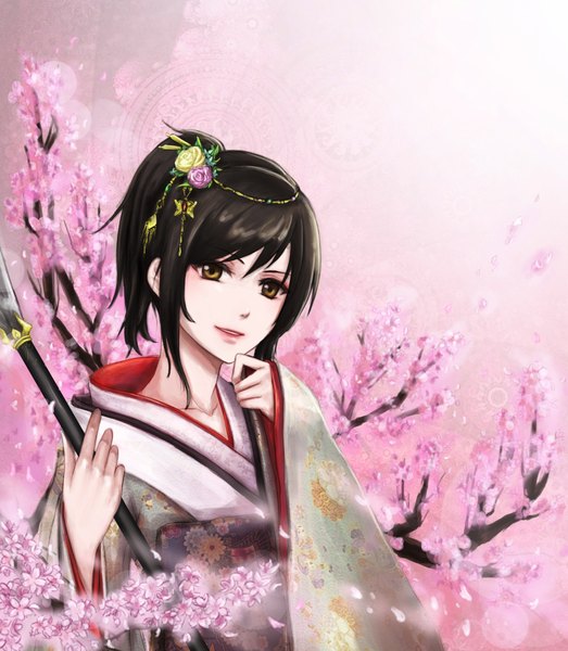 Anime picture 2037x2336 with gintama sunrise (studio) shimura tae (otae) luvsyung uciel single long hair tall image looking at viewer highres black hair smile brown eyes ponytail traditional clothes japanese clothes cherry blossoms finger to mouth girl hair ornament
