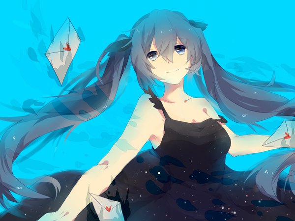 Anime picture 1600x1200 with vocaloid hatsune miku madao (pixiv id4647024) single long hair looking at viewer smile twintails bare shoulders aqua eyes aqua hair girl dress black dress letter love letter