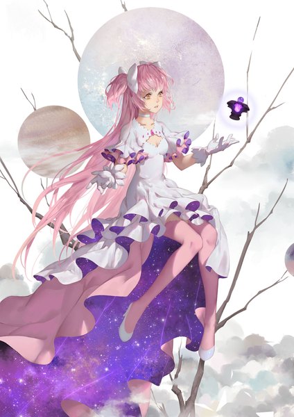 Anime picture 1260x1784 with mahou shoujo madoka magica shaft (studio) kaname madoka goddess madoka duximeng single tall image blush fringe open mouth simple background white background sitting twintails yellow eyes looking away pink hair cloud (clouds) bent knee (knees) very long hair