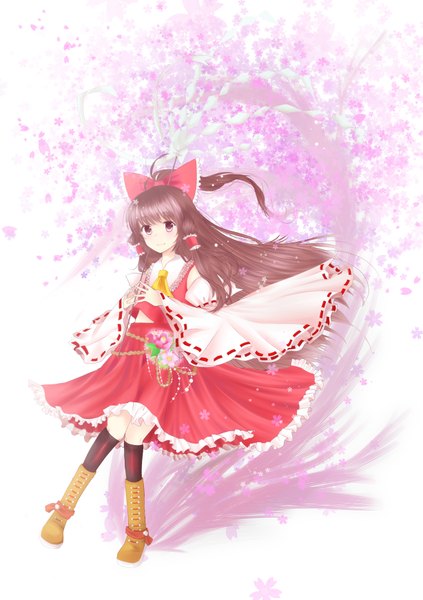 Anime picture 1228x1742 with touhou hakurei reimu single long hair tall image brown hair brown eyes ahoge long sleeves cherry blossoms miko girl skirt bow plant (plants) hair bow detached sleeves tree (trees) skirt set