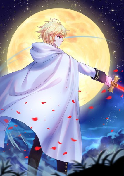 Anime picture 849x1200 with owari no seraph wit studio hyakuya mikaela haneru single tall image fringe short hair blue eyes simple background blonde hair looking away profile night night sky outstretched arm boy uniform weapon plant (plants)