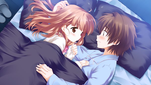 Anime picture 1280x720 with hoshi no ouji-kun hakase chino qp:flapper long hair blush short hair brown hair wide image brown eyes game cg orange hair couple girl boy