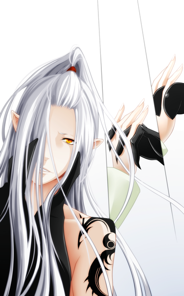 Anime picture 1000x1604 with jappa no amane (manga) hao-hime long hair tall image fringe simple background white background silver hair pointy ears hair over one eye orange eyes tattoo coloring manga boy