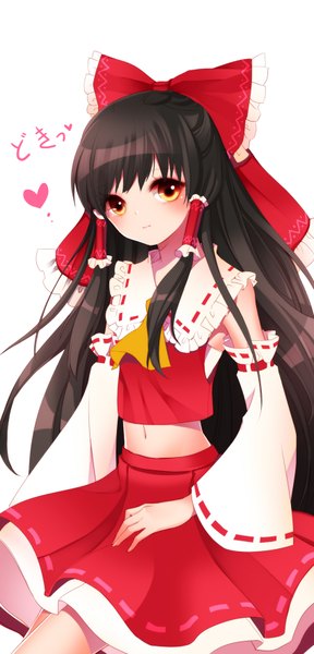 Anime picture 850x1772 with touhou hakurei reimu bettols single long hair tall image looking at viewer blush black hair white background yellow eyes girl skirt navel bow hair bow detached sleeves frills skirt set