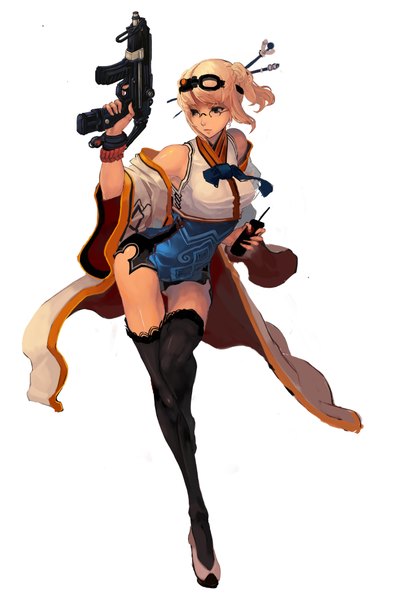 Anime picture 2835x4280 with dungeon and fighter single long hair tall image highres blonde hair simple background white background bare shoulders looking away alternate hairstyle girl thighhighs weapon black thighhighs glasses bracelet gun goggles assault rifle