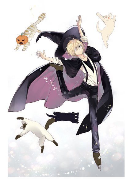 Anime picture 849x1200 with yuri!!! on ice mappa yuri plisetsky hash (artist) single tall image looking at viewer fringe short hair blue eyes simple background blonde hair standing full body hair over one eye arms up standing on one leg halloween leg lift (legs lift) ice skating