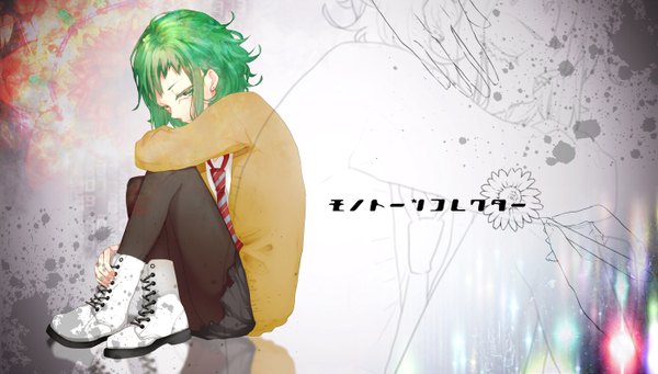 Anime picture 1400x796 with vocaloid gumi ohagi (ymnky) single short hair wide image sitting green eyes green hair inscription piercing reflection lacing girl earrings miniskirt pantyhose necktie boots jewelry