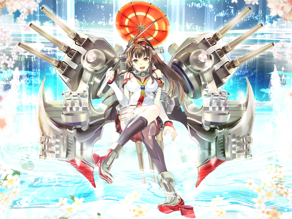 Anime picture 1600x1200 with kantai collection yamato super battleship 119 single long hair looking at viewer breasts brown hair brown eyes ponytail traditional clothes japanese clothes wallpaper girl thighhighs skirt hair ornament flower (flowers) weapon miniskirt