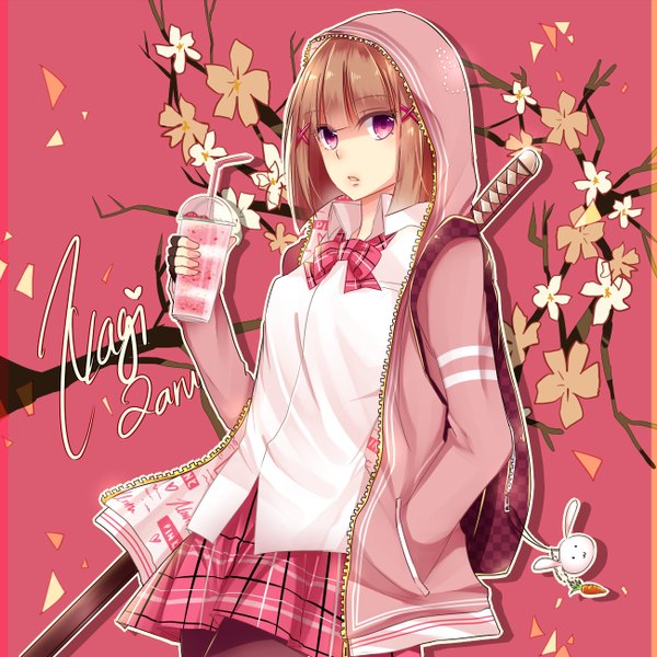 Anime picture 1300x1300 with original na-miey single long hair looking at viewer blush fringe short hair breasts open mouth brown hair holding looking away blunt bangs parted lips pink eyes open jacket hand in pocket bob cut girl