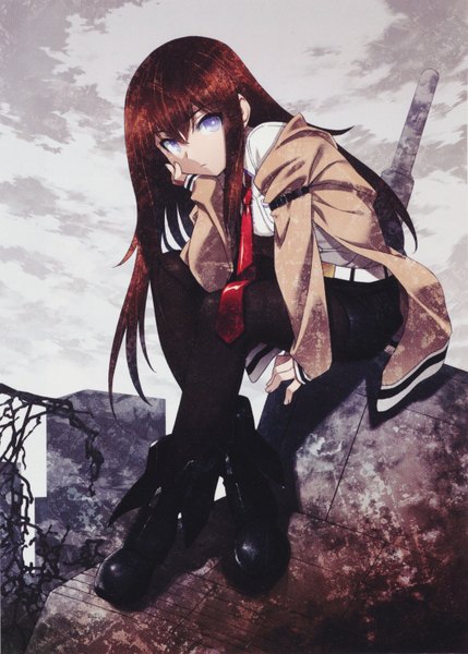 Anime picture 2227x3113 with steins;gate white fox makise kurisu single long hair tall image looking at viewer highres blue eyes brown hair sitting sky girl shirt necktie jacket