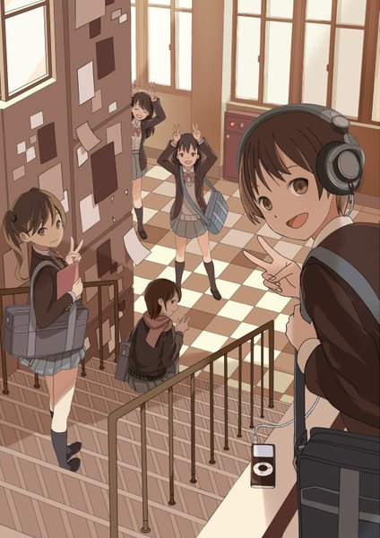 Anime picture 1131x1600 with original ipod suya (suya000) long hair tall image looking at viewer short hair open mouth smile brown hair twintails multiple girls brown eyes eyes closed profile from above victory checkered floor floor girl