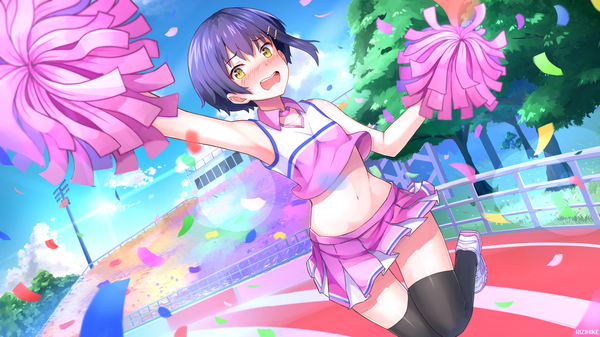 Anime picture 1280x720 with original rizihike single looking at viewer blush fringe short hair open mouth light erotic wide image yellow eyes sky purple hair cloud (clouds) full body outdoors pleated skirt arm up midriff dutch angle