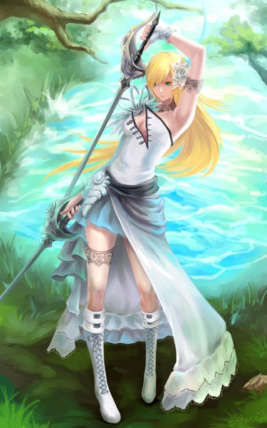 Anime picture 1200x1920 with fate/stay night studio deen artoria pendragon (all) saber bzerox single long hair tall image fringe light erotic blonde hair bare shoulders holding green eyes full body outdoors hair over one eye armpit (armpits) looking down dual wielding