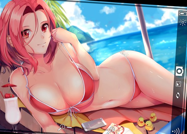Anime picture 1680x1205 with original liu guniang single looking at viewer short hair breasts light erotic smile red eyes large breasts pink hair sky cloud (clouds) lying beach shiny skin lens flare on side front-tie top girl