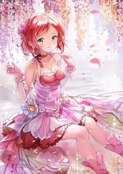 Anime picture 777x1097 with love live! school idol project sunrise (studio) love live! nishikino maki 77gl single tall image short hair breasts sitting purple eyes bare shoulders cleavage bent knee (knees) red hair parted lips hair flower arms up :o reflection