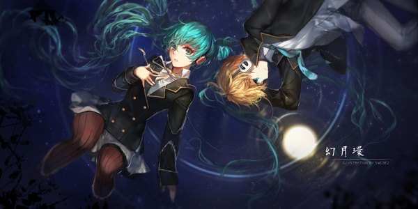 Anime picture 2126x1063 with vocaloid hatsune miku kagamine len swd3e2 looking at viewer highres short hair blue eyes blonde hair wide image twintails aqua hair dark background girl boy skirt headphones
