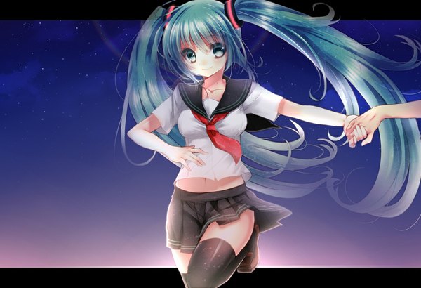 Anime picture 1100x752 with vocaloid hatsune miku tsukiriran single long hair twintails green eyes green hair zettai ryouiki girl thighhighs skirt navel black thighhighs miniskirt serafuku