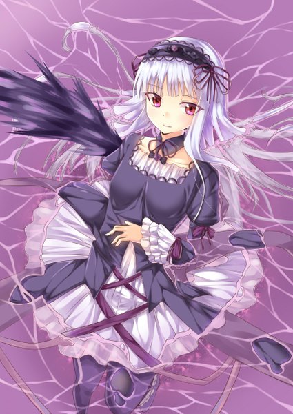 Anime picture 1760x2485 with rozen maiden suigintou tukiotoyomi single long hair tall image looking at viewer highres red eyes white hair lolita fashion goth-loli girl dress wings water headdress