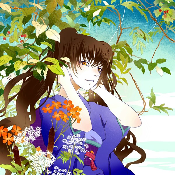 Anime picture 1000x1000 with hoozuki no reitetsu wit studio miki (hoozuki no reitetsu) kibi (pixiv298748) single long hair blush fringe brown hair twintails looking away traditional clothes japanese clothes wide sleeves girl flower (flowers) plant (plants) food kimono obi