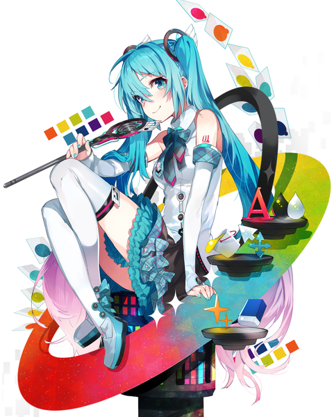 Anime picture 1203x1500 with vocaloid hatsune miku mika pikazo single tall image looking at viewer blush fringe simple background smile hair between eyes white background sitting twintails holding pink hair full body very long hair nail polish aqua eyes