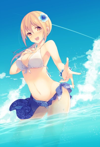 Anime picture 1000x1476 with kuroko no basket production i.g kise ryouta namiri single long hair tall image blush breasts open mouth light erotic blonde hair yellow eyes sky cloud (clouds) hair flower groin happy genderswap girl