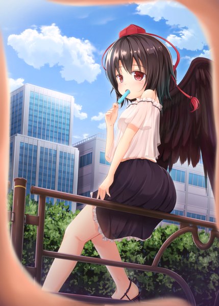 Anime picture 615x860 with touhou shameimaru aya ouka (ra-raradan) single tall image blush short hair open mouth black hair red eyes sky cloud (clouds) looking back city black wings girl skirt plant (plants) wings tree (trees)