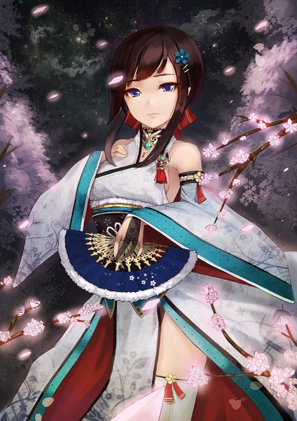Anime picture 1000x1415 with original nuclear warhead (anti) long hair tall image blue eyes brown hair traditional clothes cherry blossoms girl hair ornament flower (flowers) detached sleeves petals fan