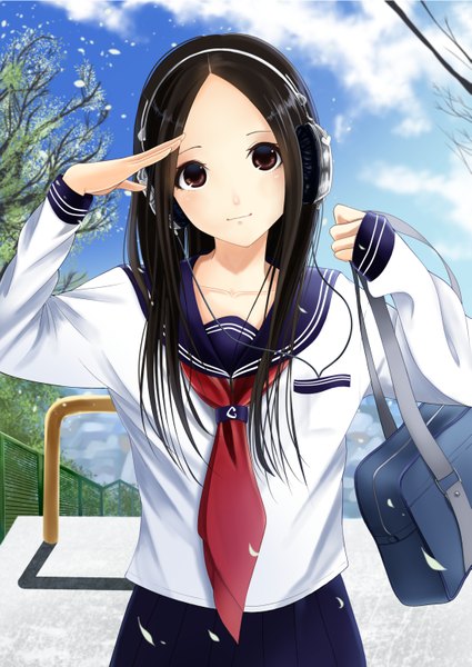 Anime picture 1097x1548 with original kentaurosu single long hair tall image looking at viewer black hair brown eyes girl petals serafuku headphones school bag