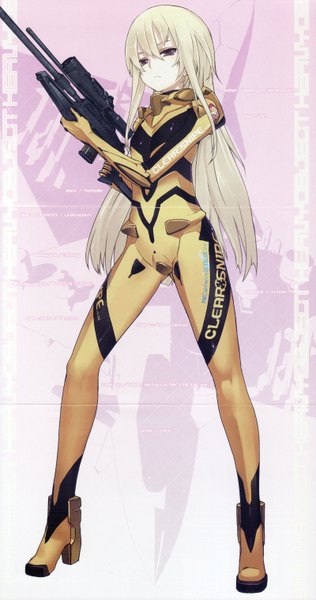 Anime picture 1600x3034 with heavy object j.c. staff mariydi whitewitch nagi ryou single long hair tall image fringe breasts light erotic blonde hair brown eyes looking away bent knee (knees) scan official art flat chest expressionless serious clothes writing