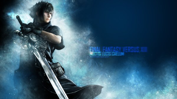 Anime picture 1366x768 with final fantasy xiii final fantasy versus xiii noctis lucis caelum single short hair black hair wide image brown eyes realistic boy gloves sword huge weapon