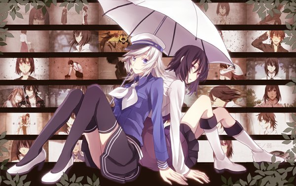 Anime picture 1114x700 with vocaloid ama no jaku (vocaloid) gumi yuzuki karu long hair short hair blue eyes black hair red eyes multiple girls white hair shared umbrella girl thighhighs skirt black thighhighs 2 girls miniskirt boots umbrella