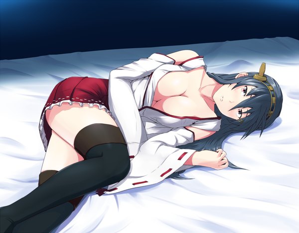 Anime picture 1561x1221 with kantai collection haruna battleship krs (karasu) single long hair looking at viewer breasts light erotic black hair large breasts brown eyes lying girl thighhighs hair ornament black thighhighs detached sleeves hairband