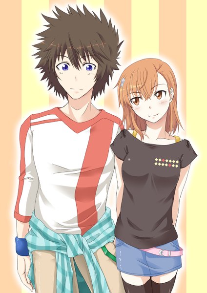 Anime picture 1000x1414 with to aru kagaku no railgun to aru majutsu no index j.c. staff misaka mikoto kamijou touma kurogane (artist) tall image blush fringe short hair brown hair purple eyes brown eyes looking away light smile zettai ryouiki couple hands behind back striped spiked hair