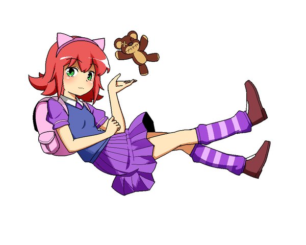 Anime picture 1000x800 with league of legends annie (league of legends) tibbers (league of legends) raoorica single looking at viewer blush short hair simple background white background green eyes red hair girl dress socks shoes toy stuffed animal backpack teddy bear
